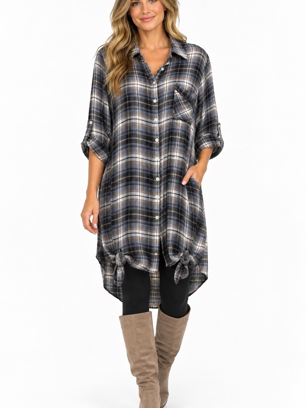 Ec:some Plaid Tie Front Tunic Shirt Dress L Blue Gray Oversized Button Down